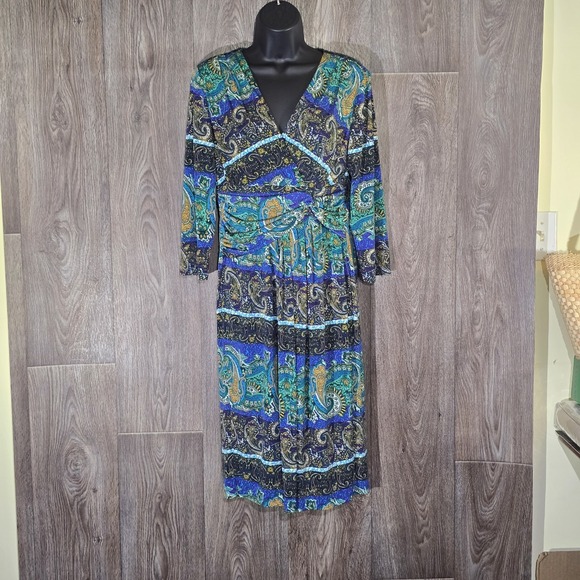 Julian Taylor NEW YORK Paisley Midi Dress Size 8 Blue Green Black‎ Long Sleeve - Picture 12 of 12